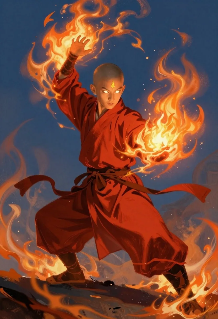 Digital Painting Young Bald Monk With Glowing White Eyes And reference photo