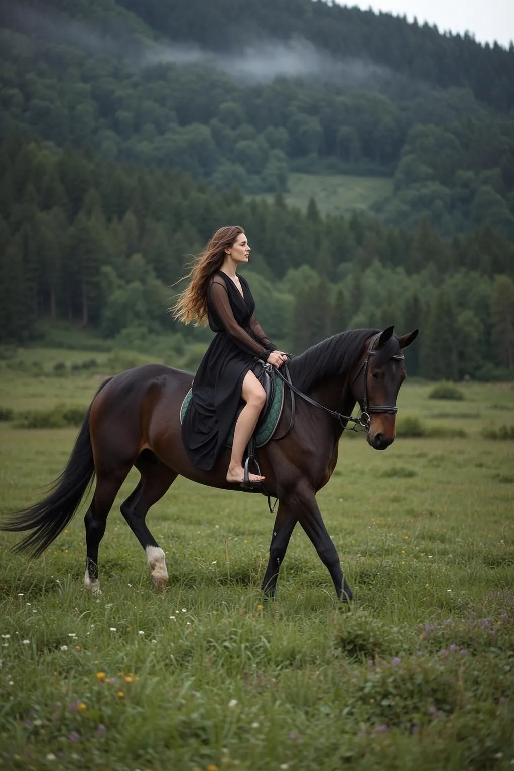 Cowgirl Rides Dark Brown Horse Through Grassy