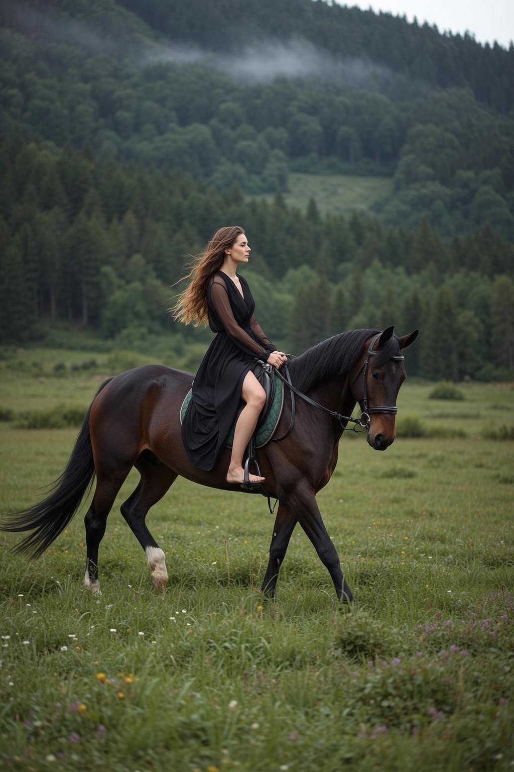 Cowgirl Rides Dark Brown Horse Through Grassy