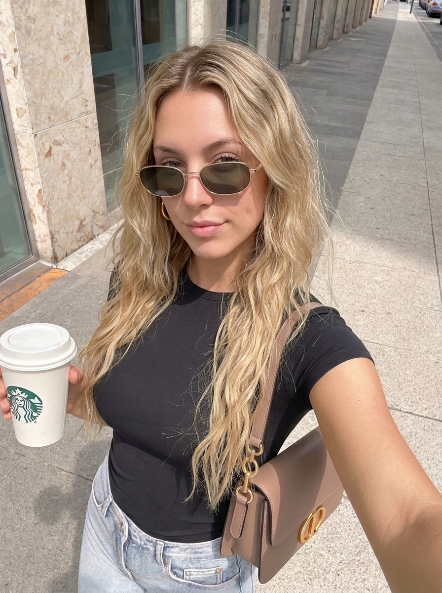 Woman with dark-tinted rectangular sunglasses holds a coffee cup, wearing a black t-shirt and light-wash denim jeans on a bright city sidewalk.