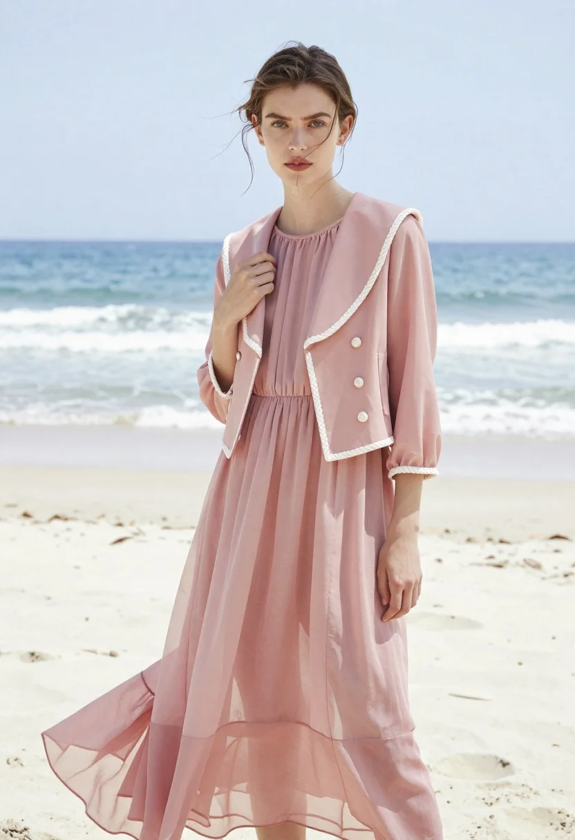 Woman Stands Sandy Beach With The Ocean The Background Subject