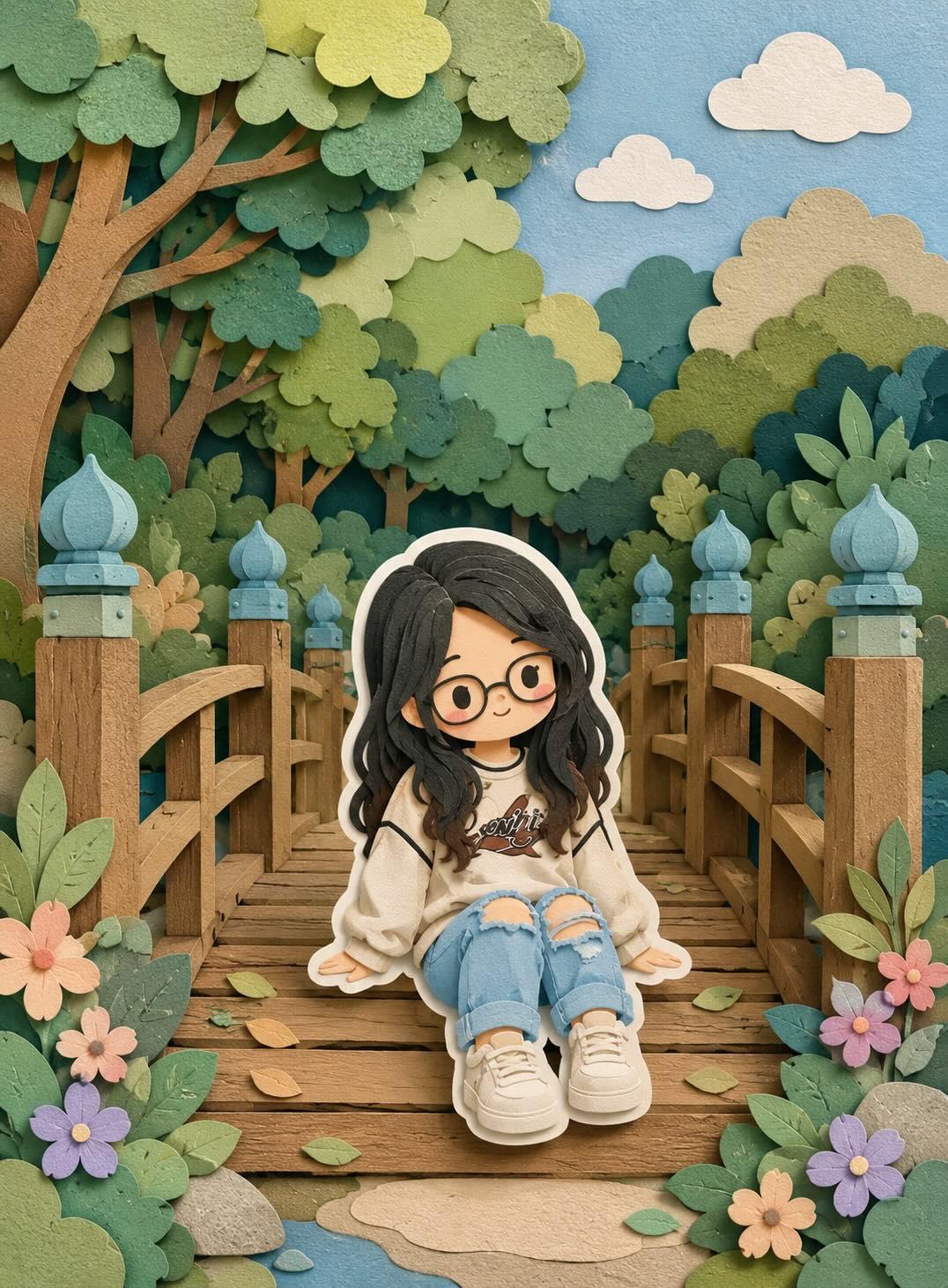 Chibi Paper Cutout On Wooden Bridge With Turquoise Finials