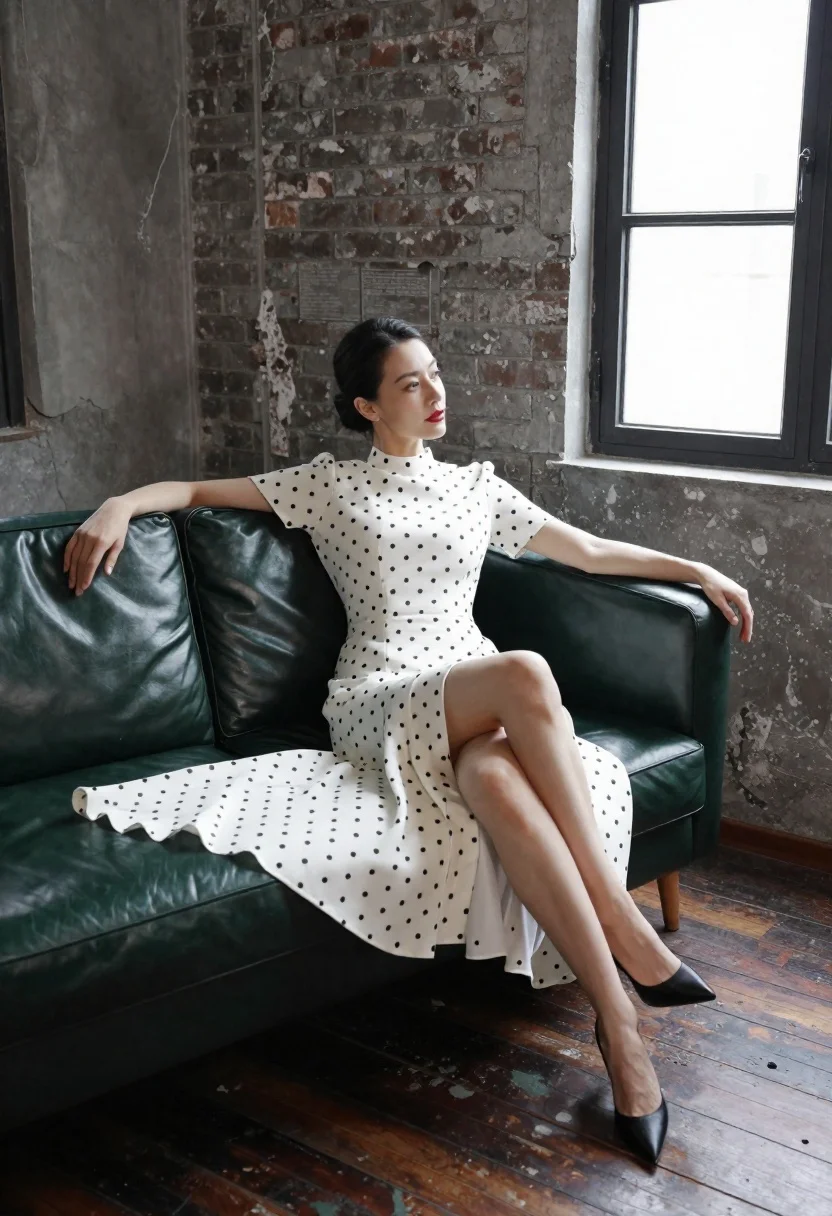 Woman Sits Elegantly Dark Green Leather Sofa Rustic Room With reference photo