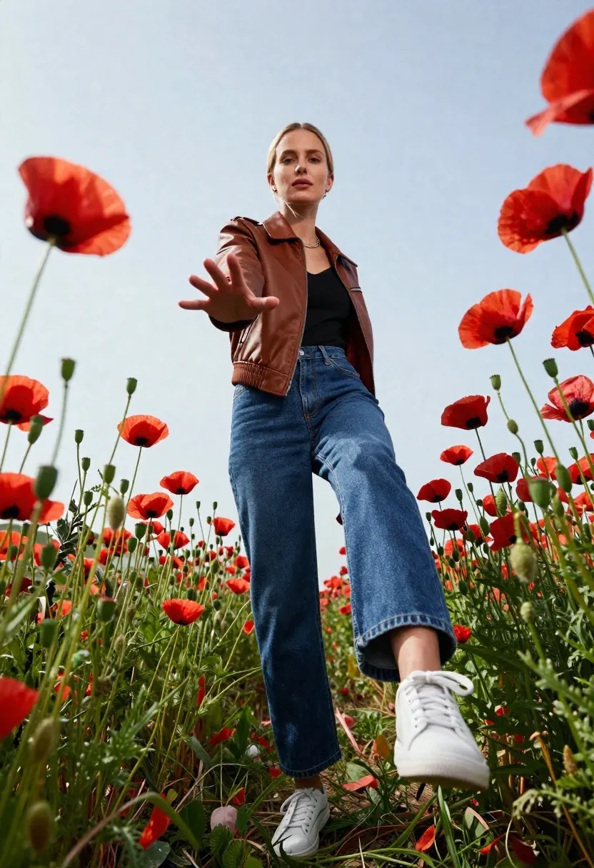 Woman Stands Field Red Poppies Reaching Toward The Camera From