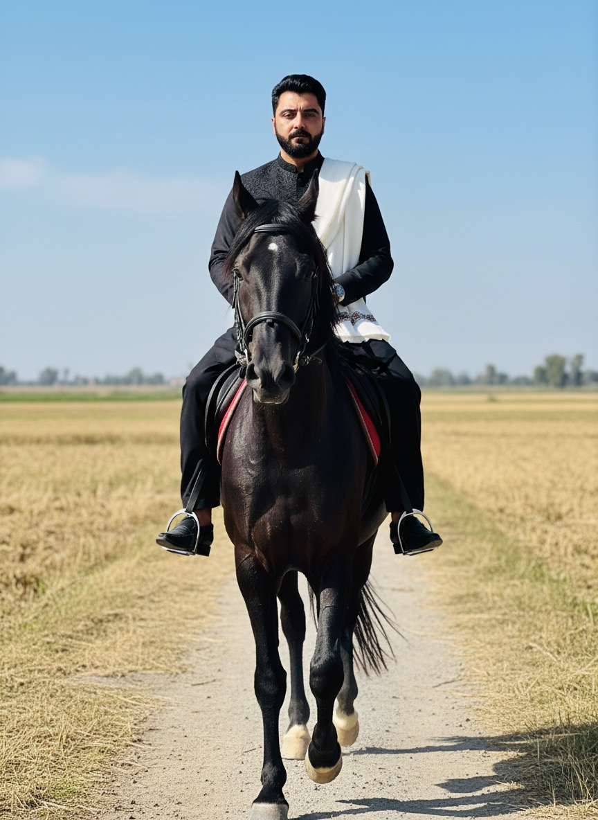 A proud Pakistani man in black shalwar kameez riding a glossy black horse on a dusty rural path under a clear sky.