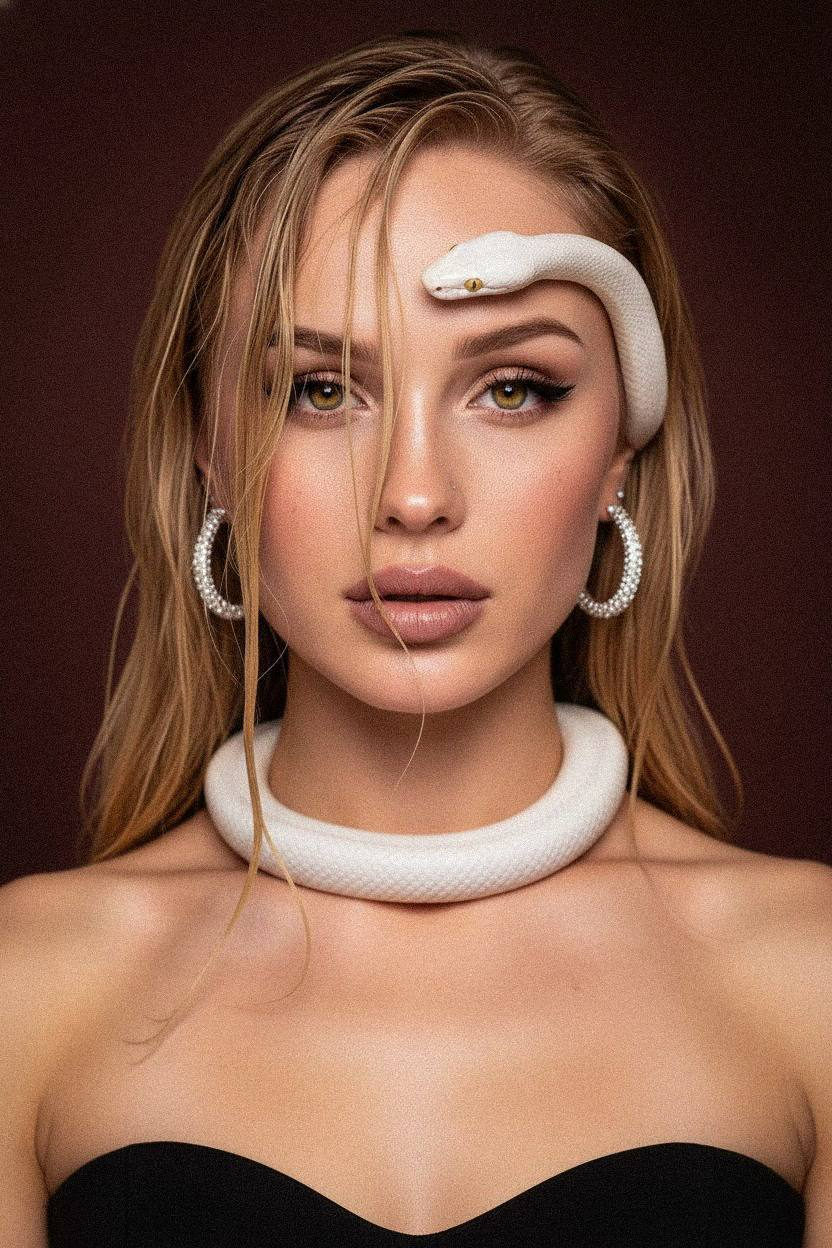 A stunning portrait featuring a woman with glossy nude lips and dramatic eyeliner, with a white snake wrapped elegantly around her neck.