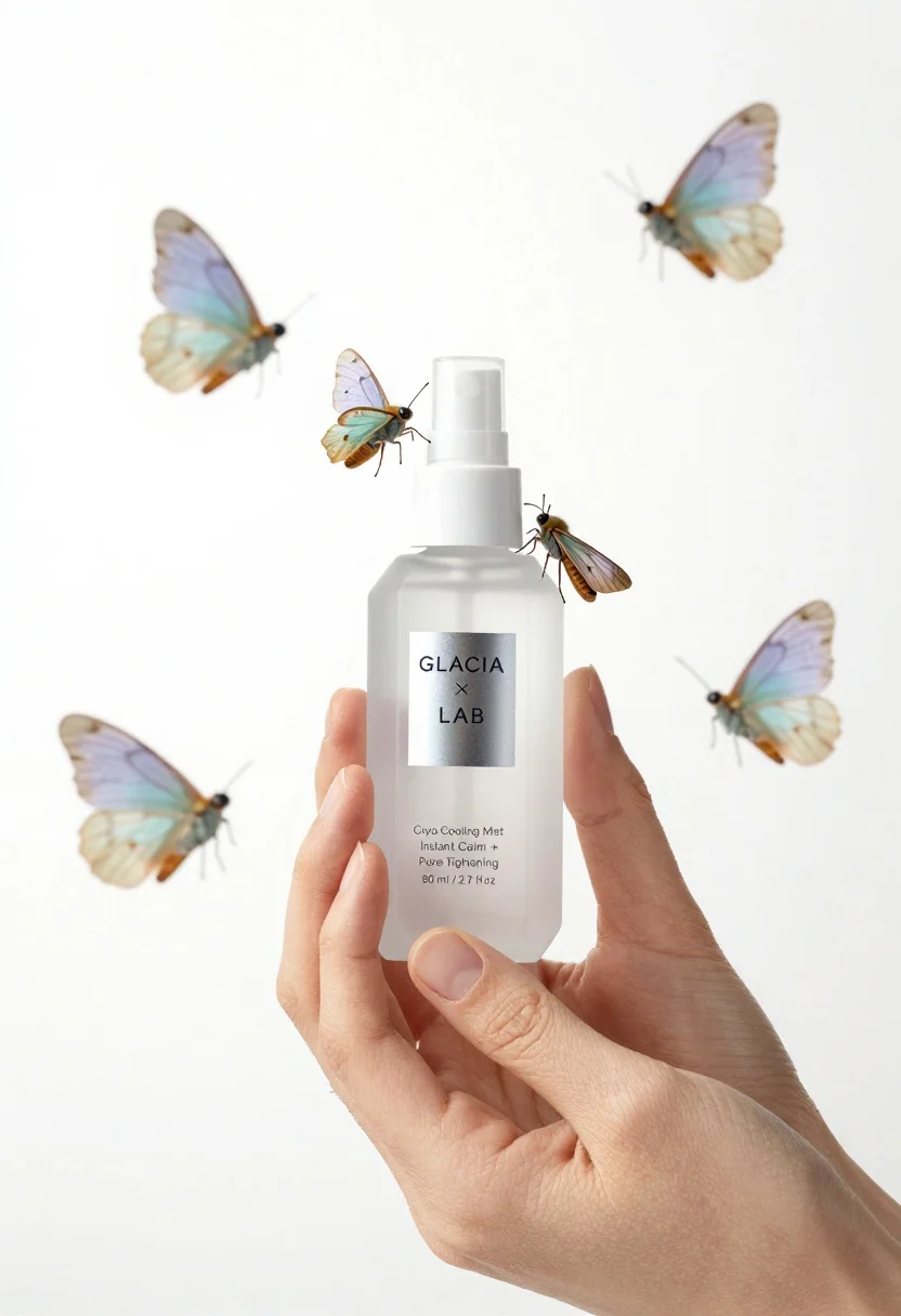 Close-up Product Shot Hand Holding Frosted Glass Spray Bottle Surrounded