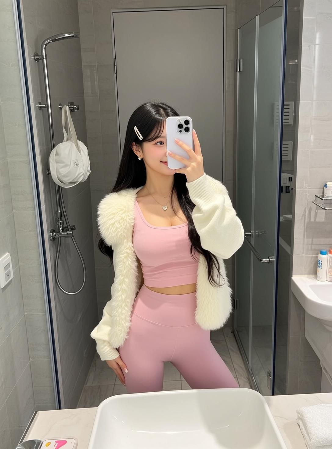 Barbiecore Stands Facing Mirror Holding White Smartphone