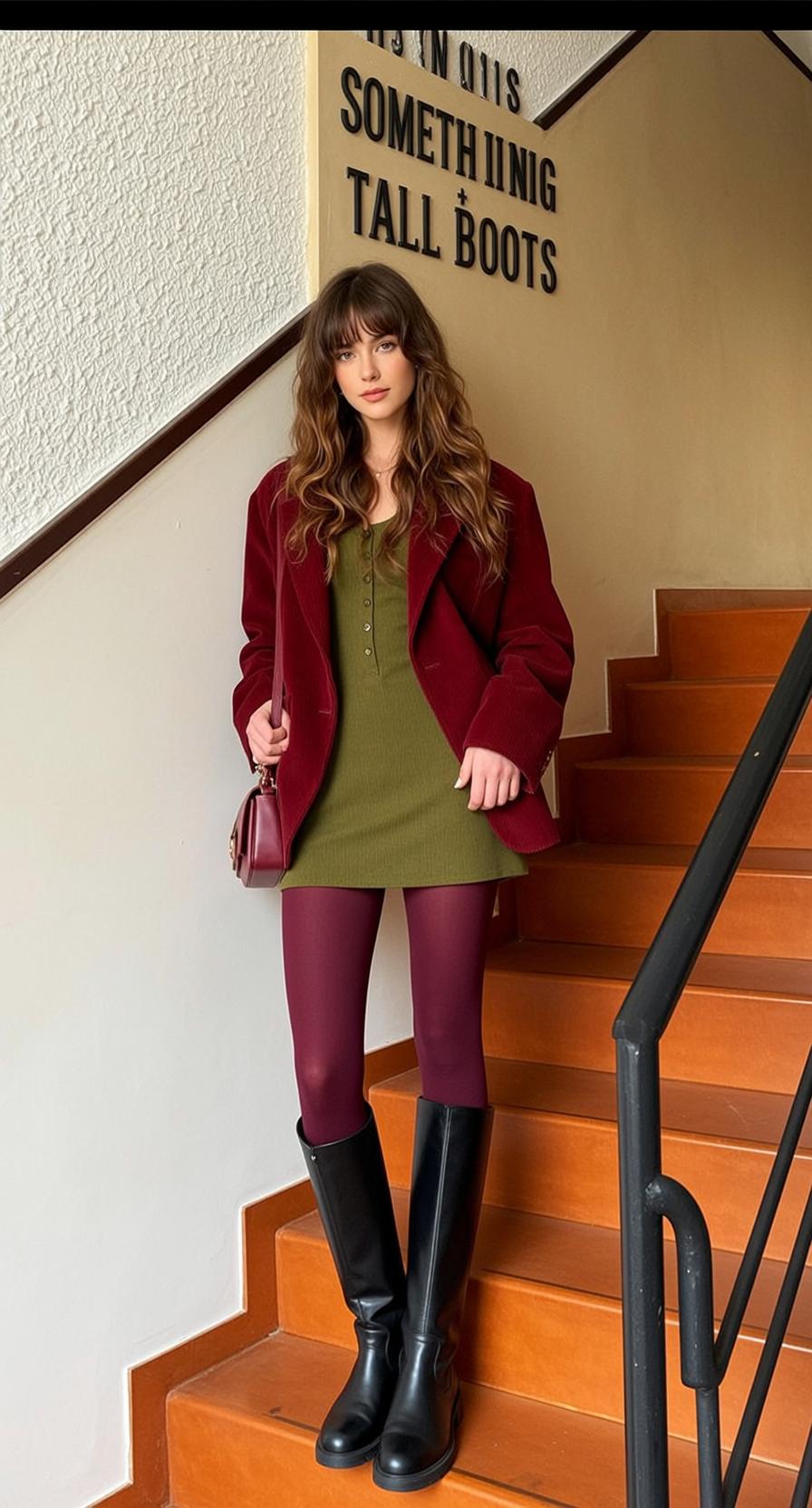 Autumn Young Stands Wooden Staircase Her Body