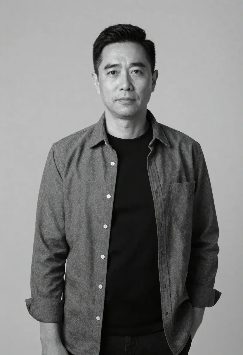 Black And White Studio Portrait Man With Dark Hair Standing