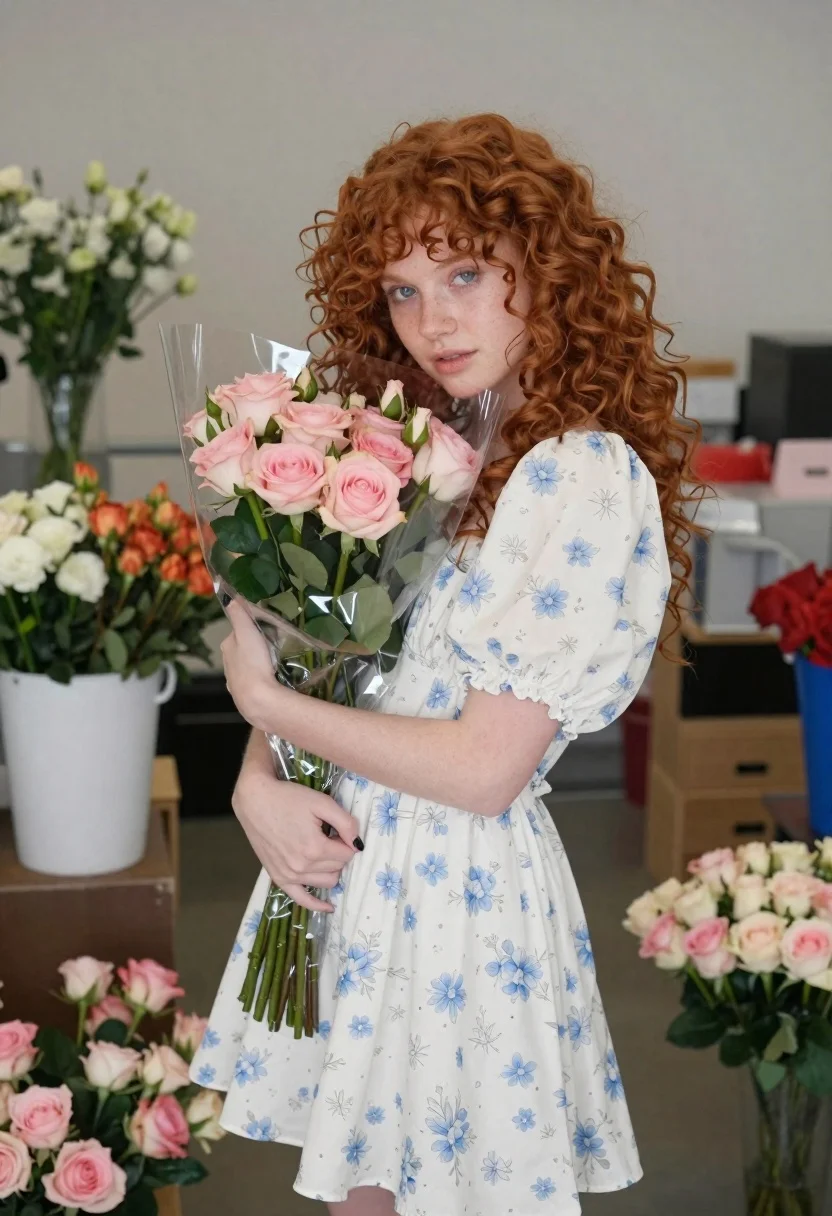 Portrait Young Woman With Voluminous Red Curly Hair Holding Large reference photo