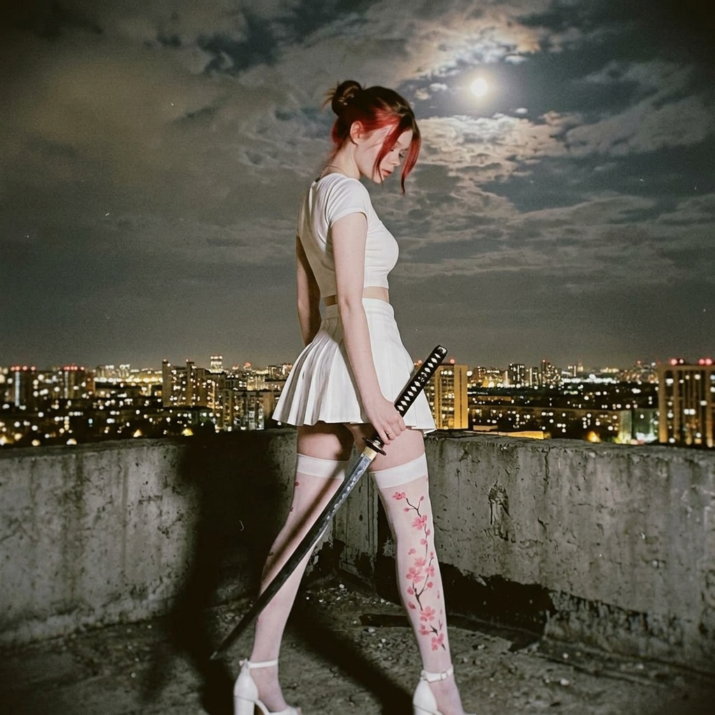 A woman with red-streaked hair in a white crop top and mini skirt stands on a rooftop holding a katana, illuminated by moonlight.