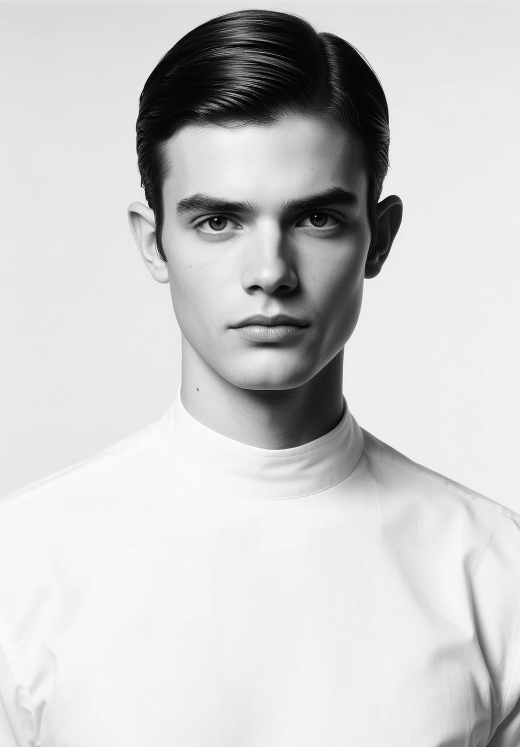 Headshot Portrait Young Man With Dark Slicked-back Hair Strong Jawline