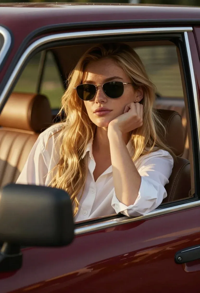 Sunglasses With White Shirt Inside Car
