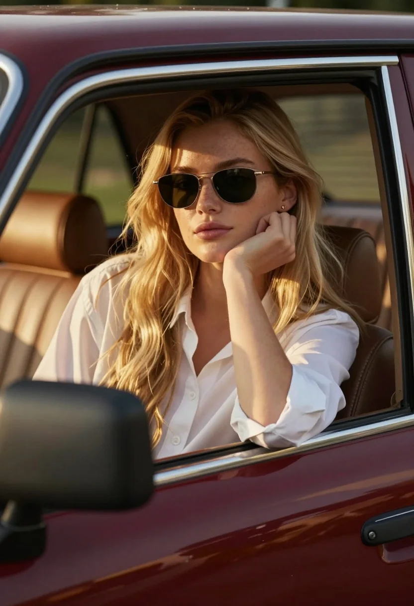A young woman with long wavy blonde hair leans out of a vintage maroon car window, resting her chin on her hand while wearing sunglasses.