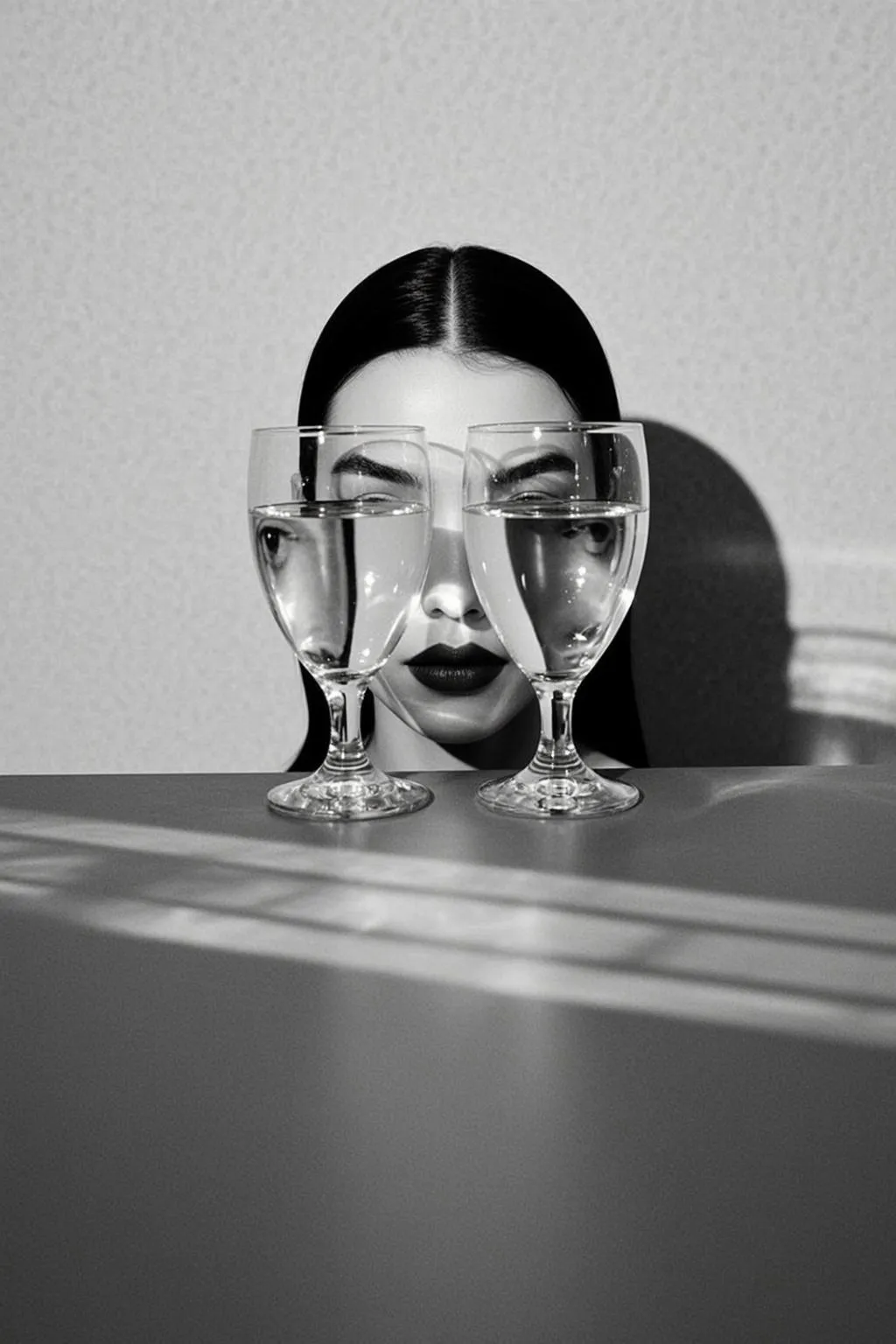 Black And White Medium Shot Photograph Captures Woman Face Peeking