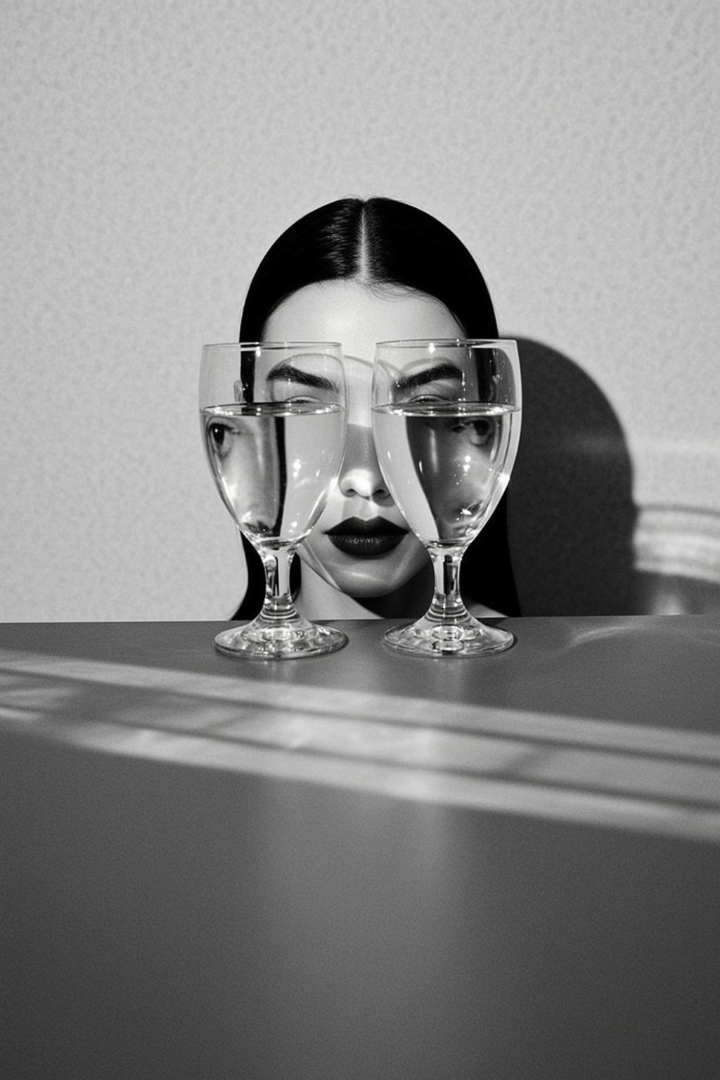 Black And White Medium Shot Photograph Captures Woman Face Peeking