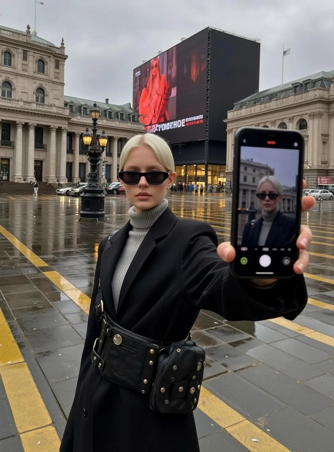 Woman Selfie Urban Plaza Wet Day