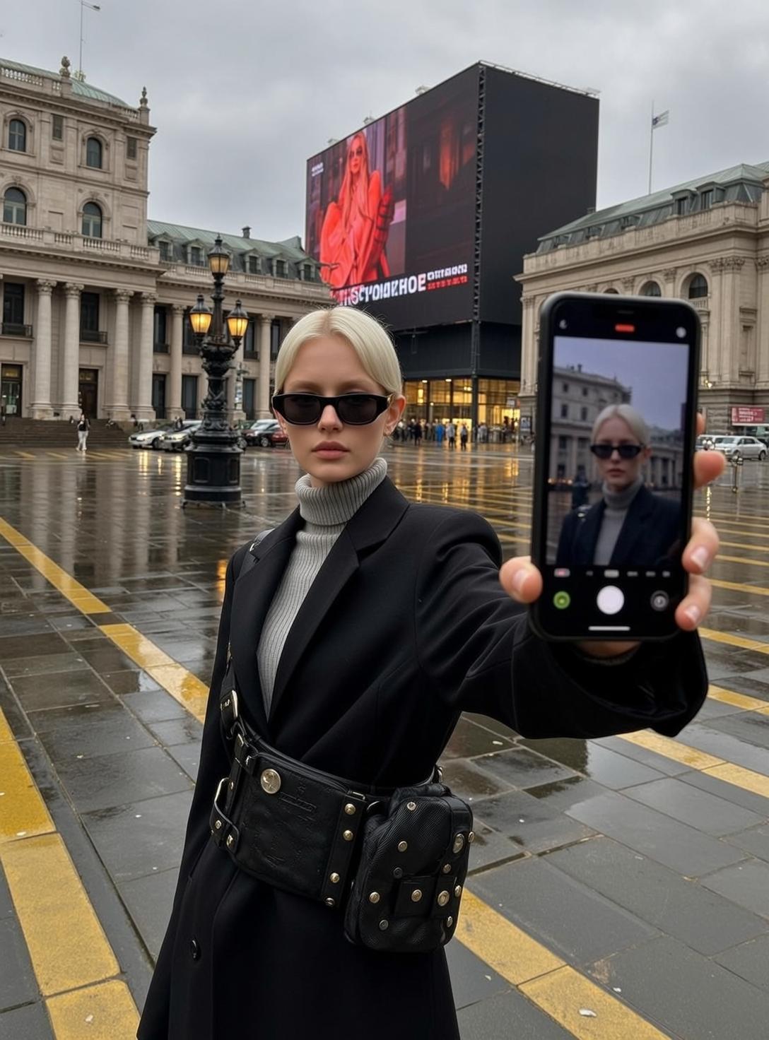 Woman Selfie Urban Plaza Wet Day