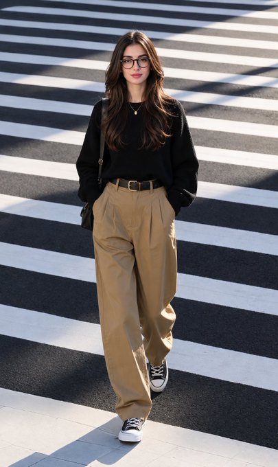 A woman in black sweater and tan trousers confidently walks across a zebra crossing under bright sunlight, casting sharp shadows.