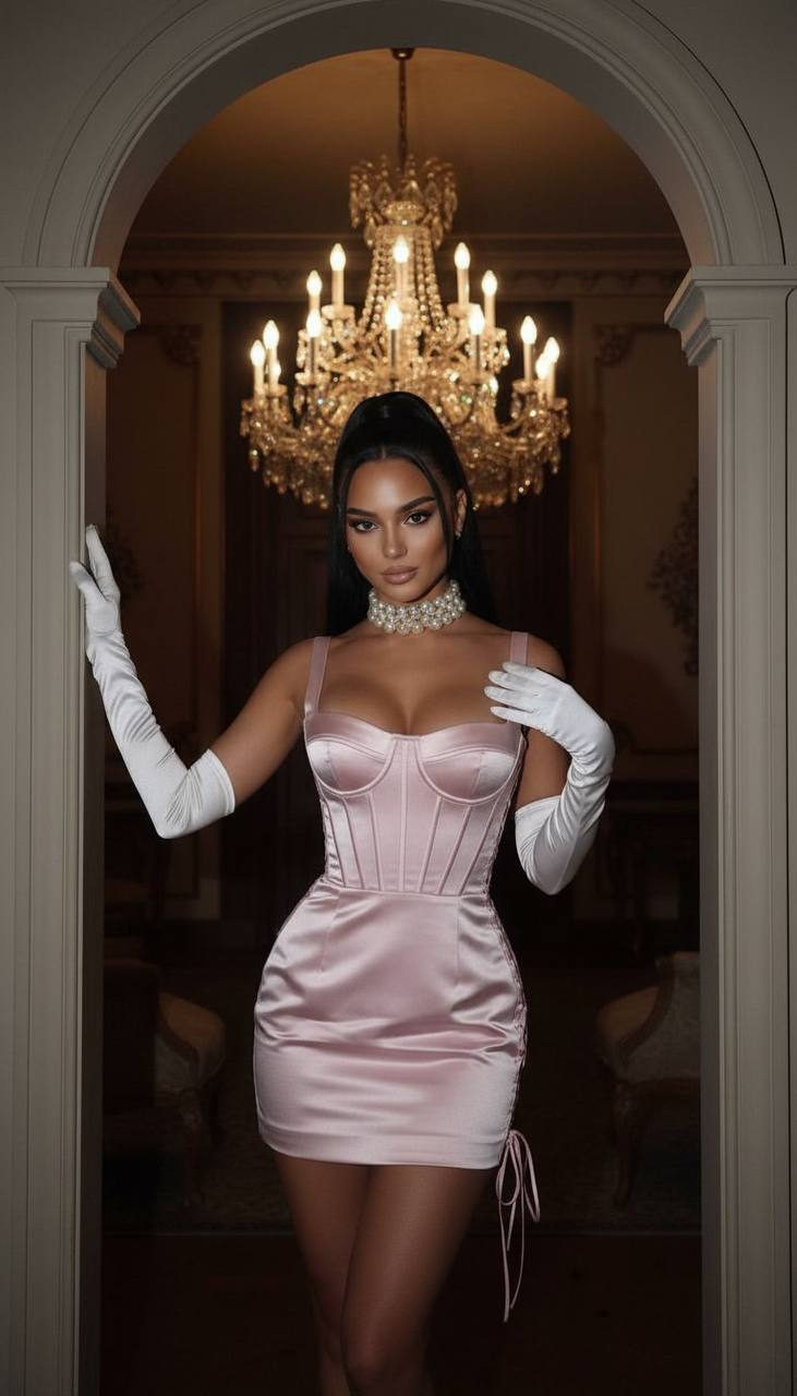 A confident female model in a light-powder satin mini corset dress stands in a classical interior with a chandelier.