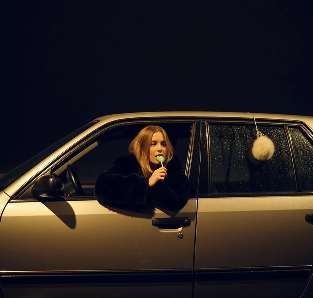Black Faux Fur Coat Inside Car at Night Dim Atmospheric