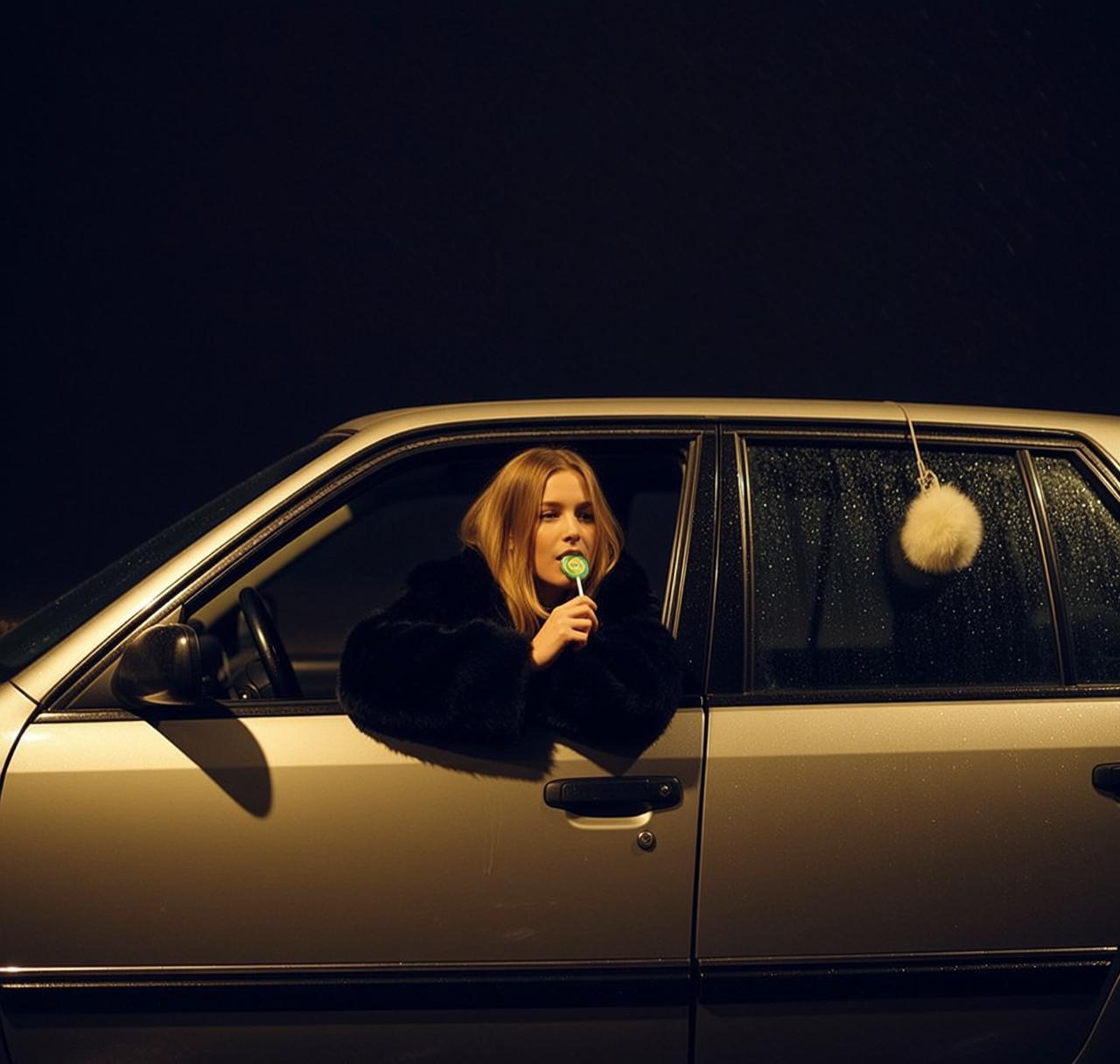 Black Faux Fur Coat Inside Car at Night Dim Atmospheric