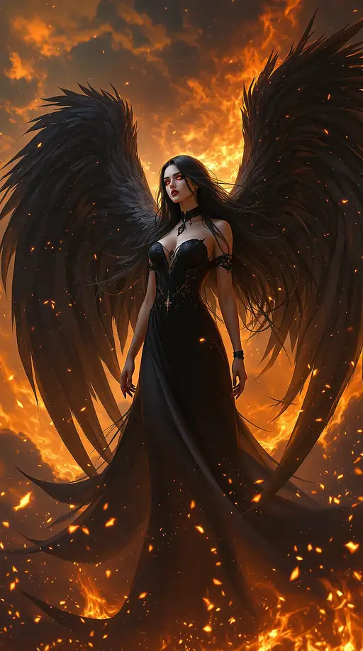 A majestic dark angel with flowing black hair in a fiery celestial scene.