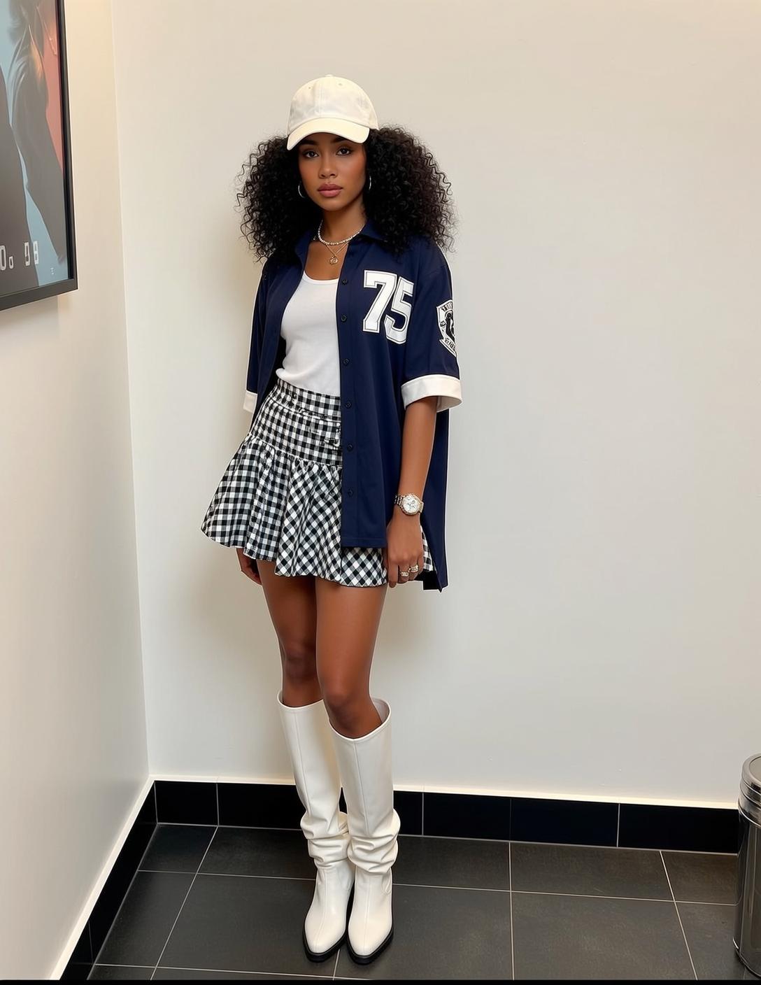 White Cap Gingham Skirt Look