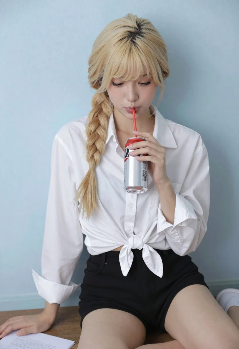 Young Woman With Blonde Hair Styled Side Braid Sits Casually reference photo