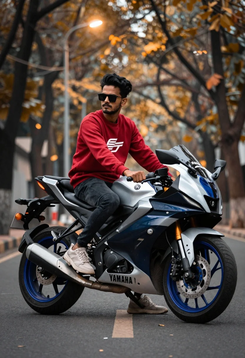 Man Sits Confidently Silver Yamaha R15 Motorcycle Parked Asphalt Road