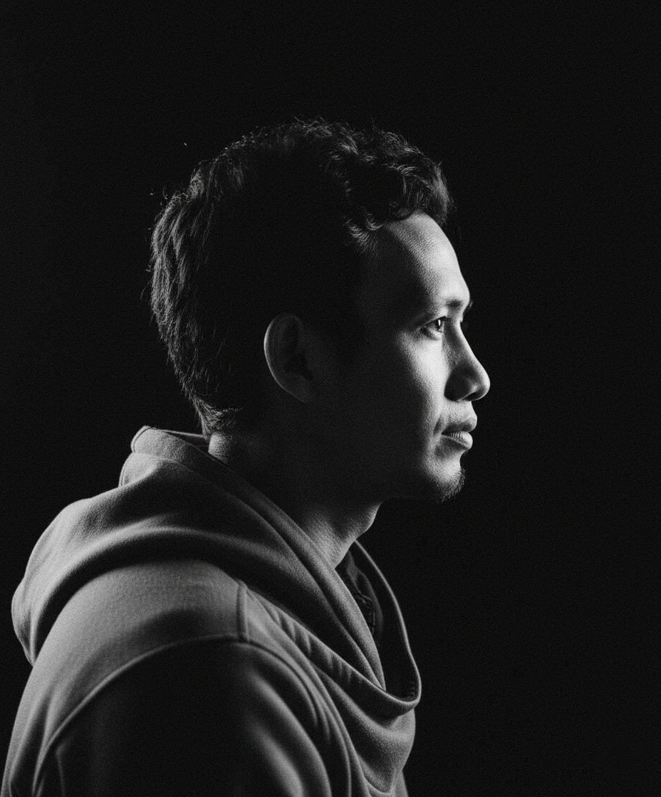 A monochrome side-profile shot with light highlighting the edges of the subject's hair and face, against a dark background.