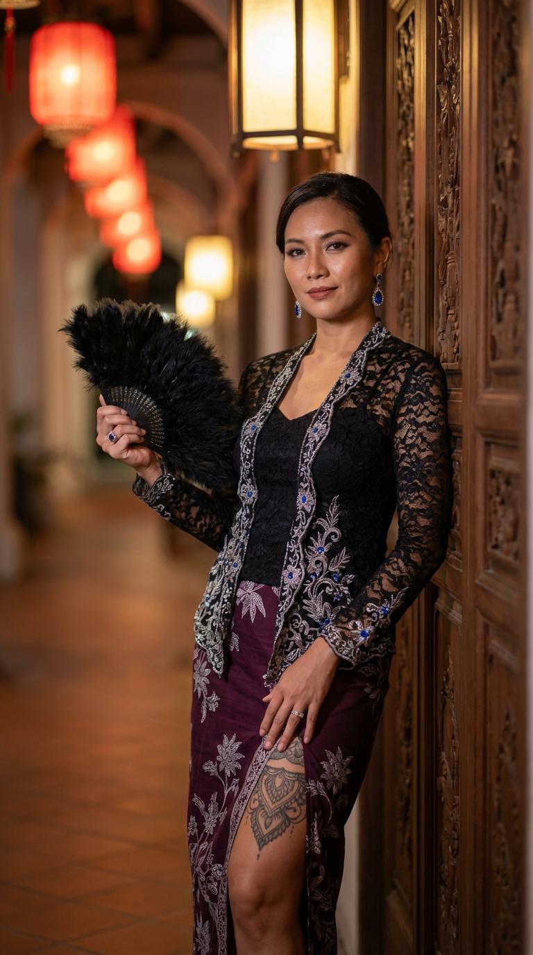 Ebony Lace Kebaya With Silver Embroidery And Plum Batik Sarong