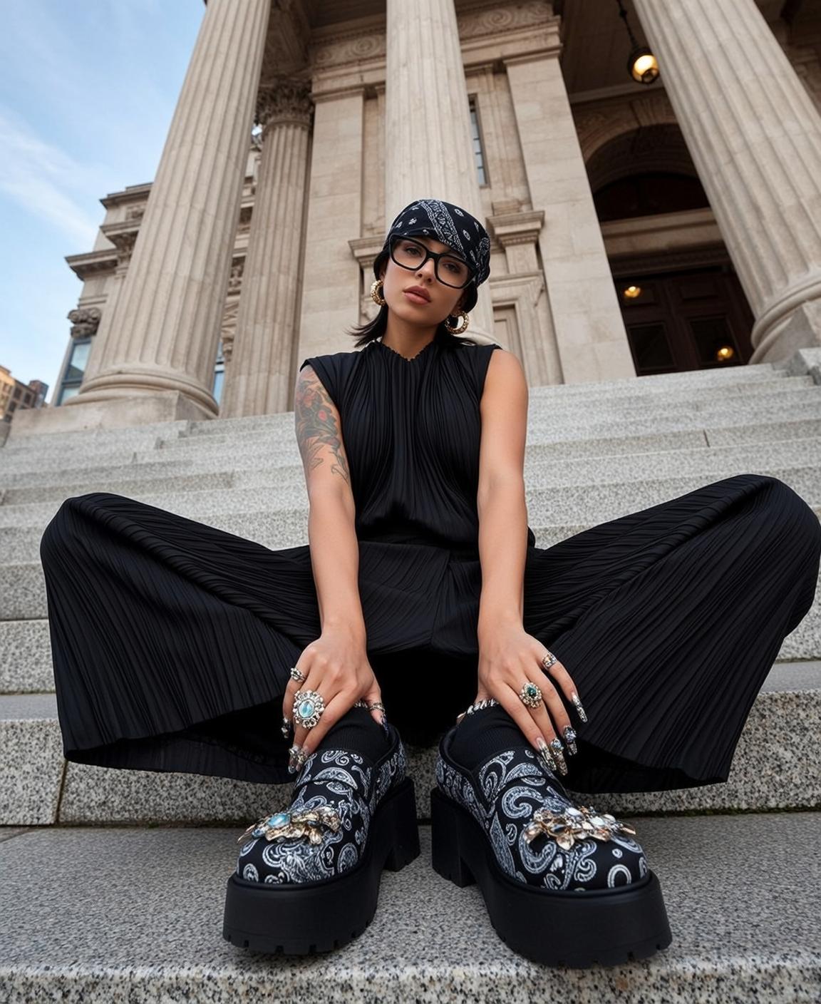 Pleated Black Outfit Stone Steps