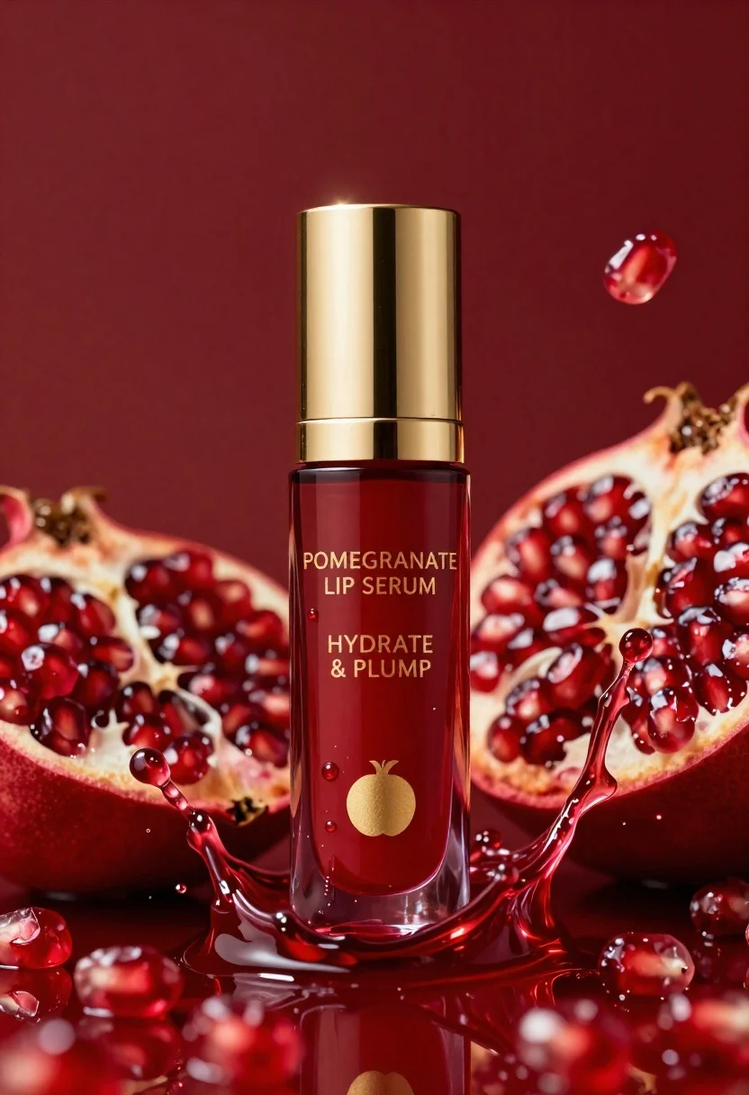 Luxurious Cosmetic Bottle Pomegranate Lip Serum Stands Centrally Amidst Dynamic
