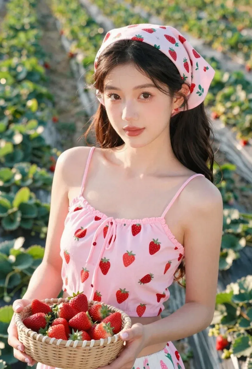 Young Woman With Dark Hair Stands Strawberry Field Holding Basket