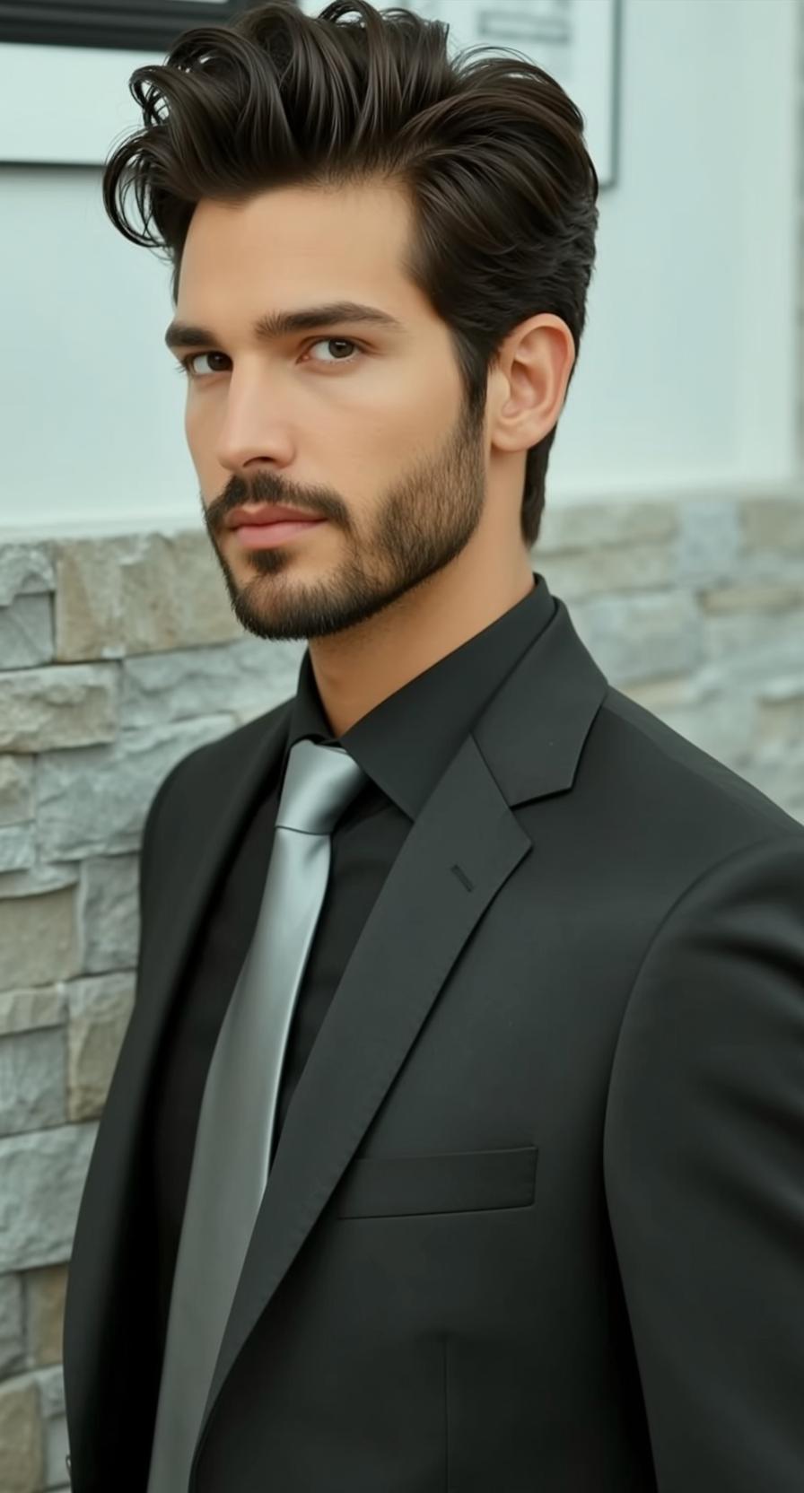 Man Black Suit Silver Tie Stone Wall