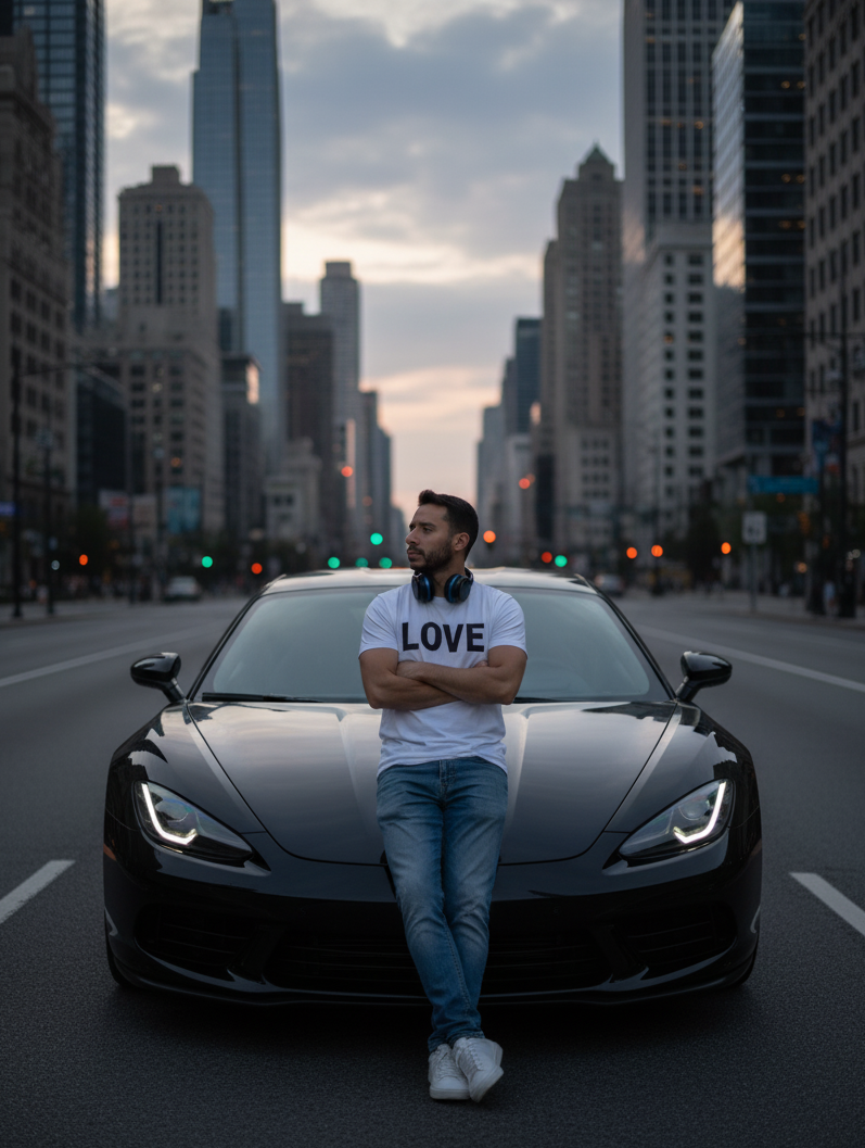 A man in a white t-shirt with 'LOVE', blue jeans, and white sneakers, leaning against a sleek black car in an urban setting during dusk.