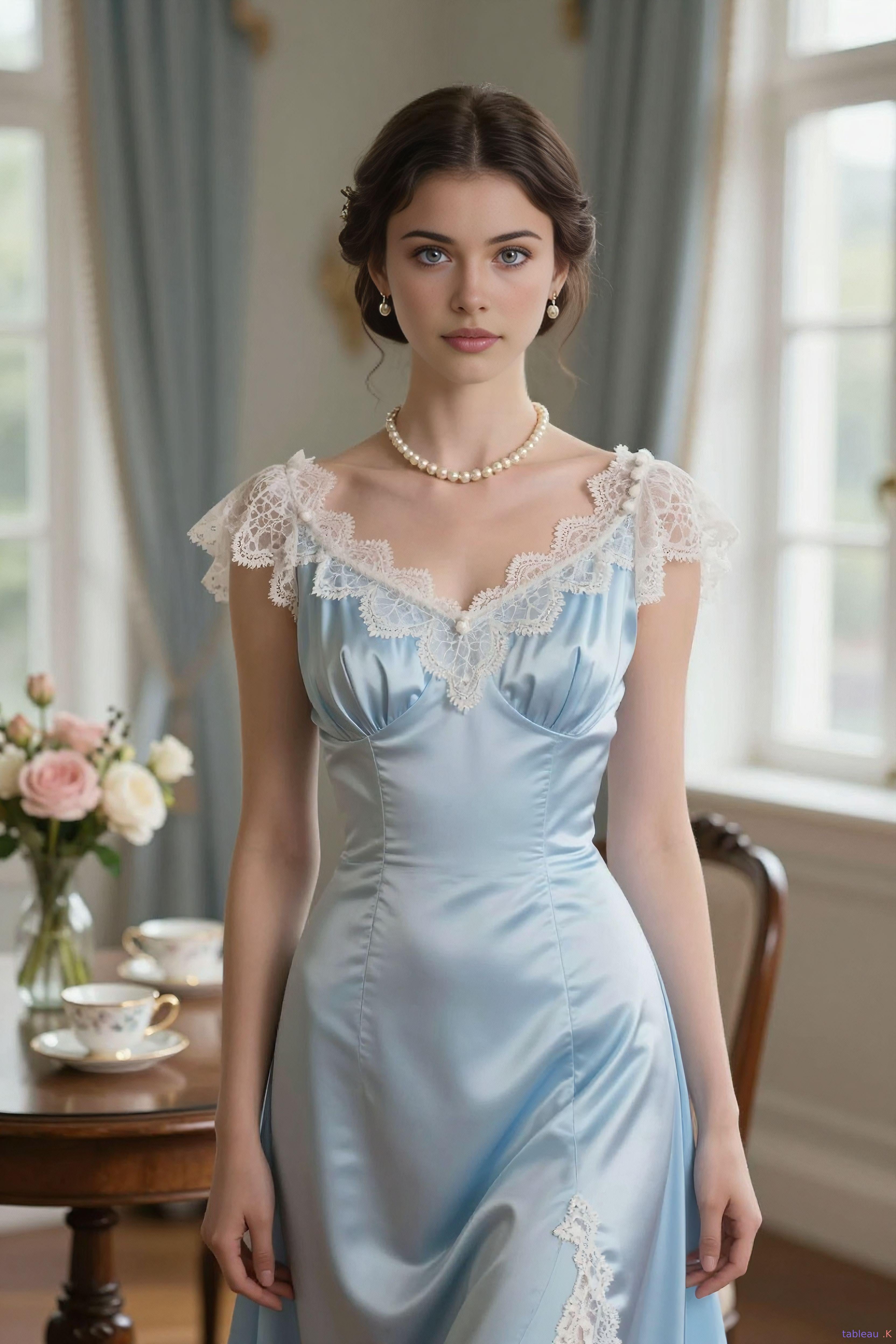 Elegant Pale Blue Slip Dress Sunlit Room Pearl Jewelry