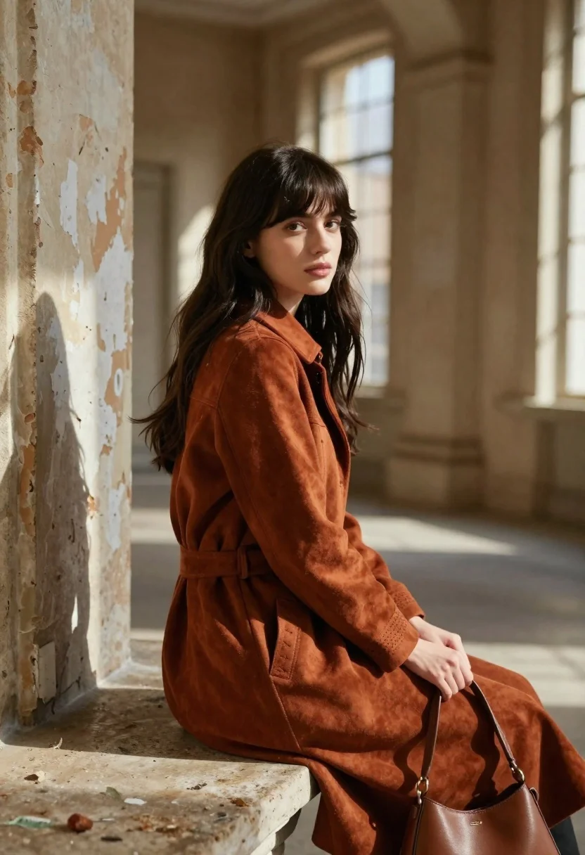 Young Woman With Long Dark Hair And Bangs Sits Stone reference photo