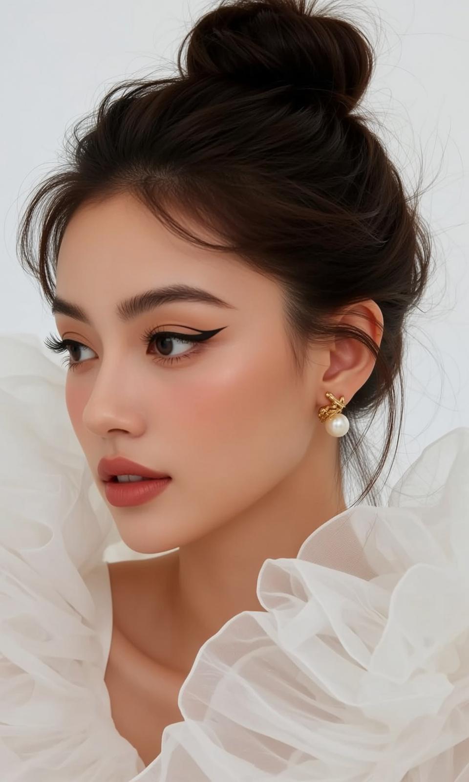Elegant Woman White Sheer Ruffle Gold Pearl Earrings Studio