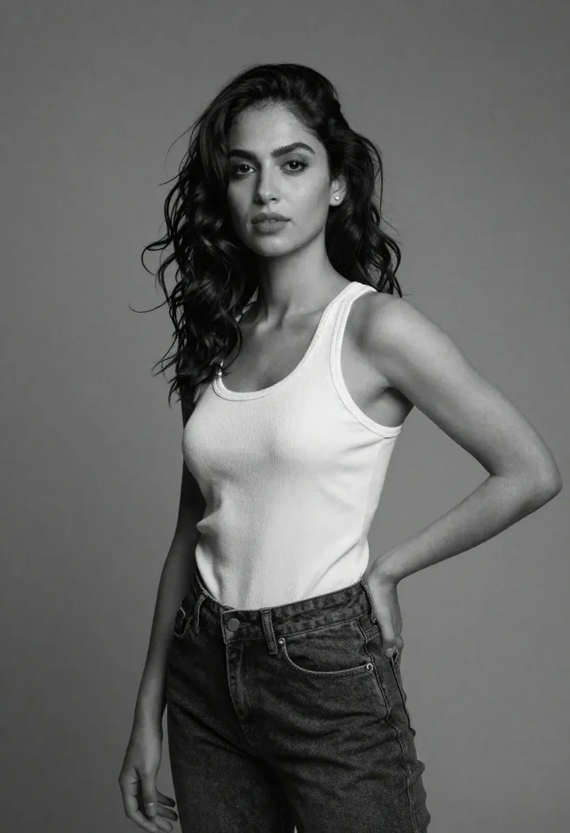 Confident Woman With Dark Wavy Hair Stands Studio Setting Against