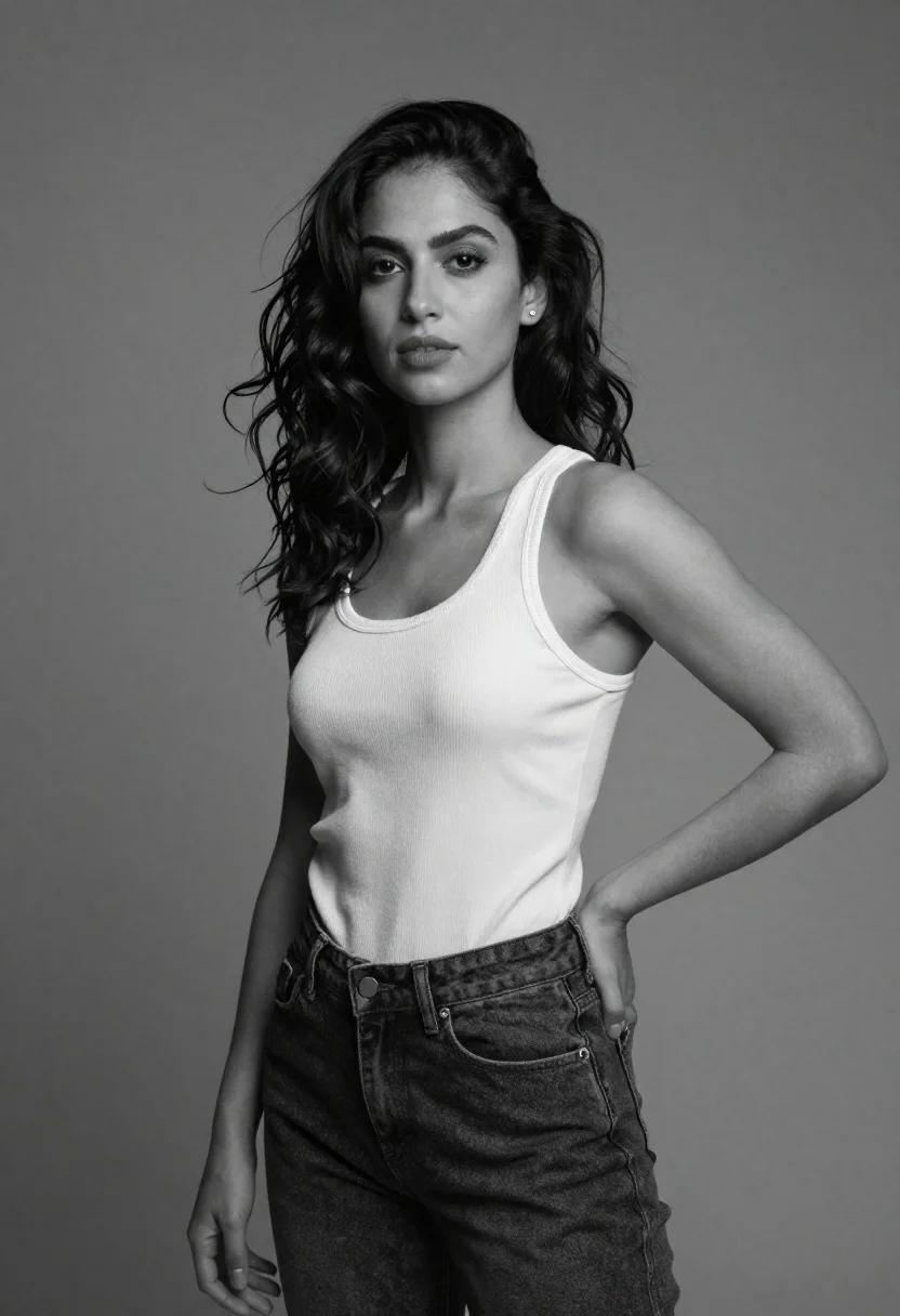 Confident Woman With Dark Wavy Hair Stands Studio Setting Against reference photo