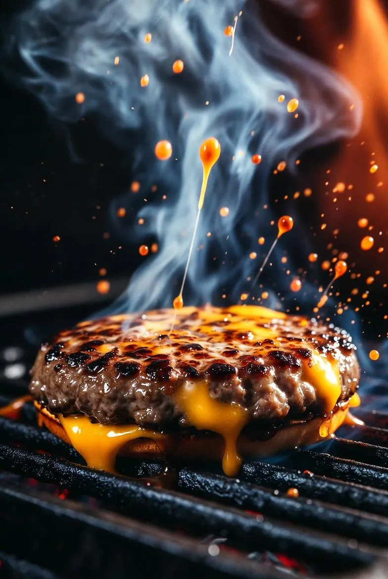 Sizzling Gourmet Cheeseburger Dramatic Smoky Lighting