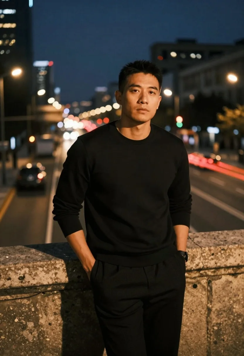 Cinematic Night Portrait Man Leaning Against Stone Railing Overlooking City reference photo