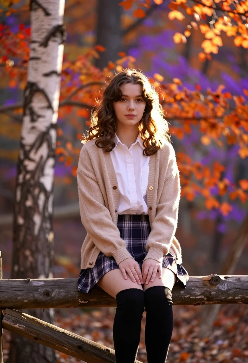 Young Woman With Wavy Brown Hair Sits Gracefully Rustic Wooden