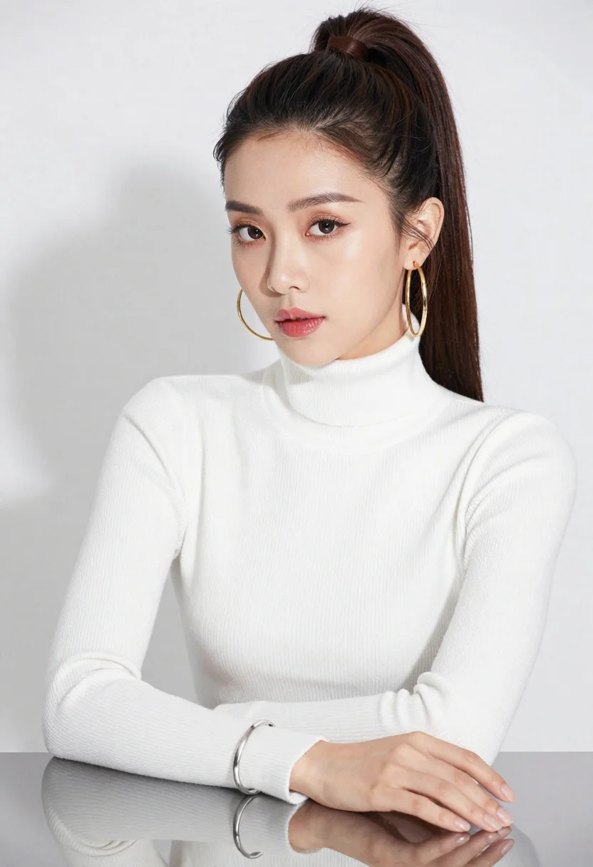 Professional Studio Portrait Woman With Dark Hair Styled High Half-up reference photo