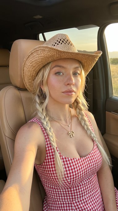 A woman in a cowboy hat and sundress takes a selfie inside a luxury car with soft, warm light illuminating her face.