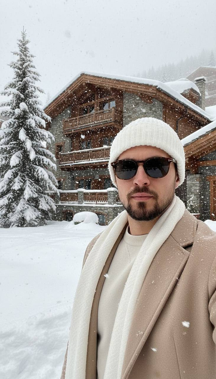 A man in a white knitted beanie and cream pullover poses confidently, surrounded by heavy snowfall in an alpine setting.