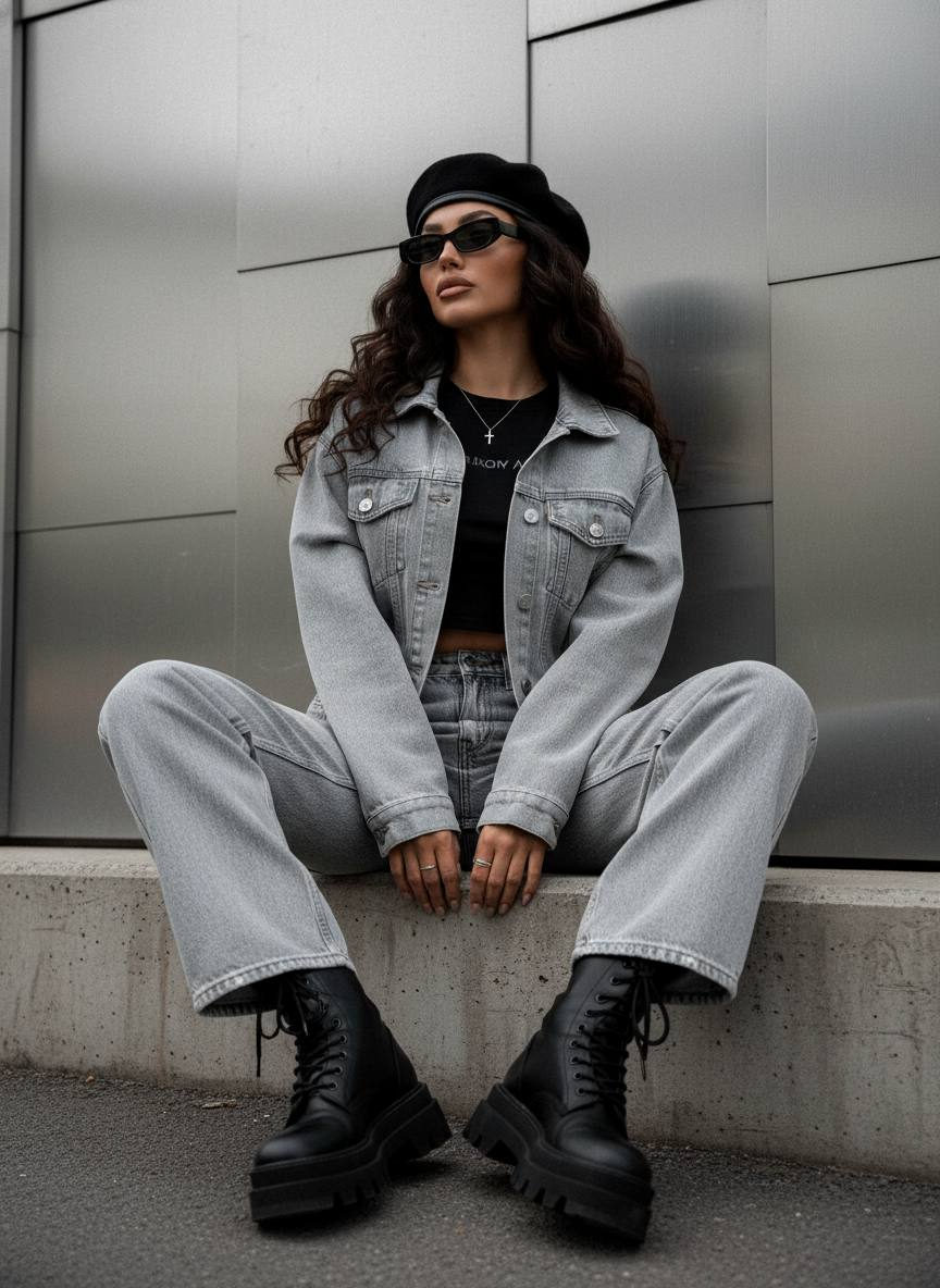Full-body editorial shot of a woman in a gray bomber jacket walking confidently in a neon-lit parking garage.